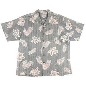Paradise Originals Shirt‎ Mens Large Green Silk Hawaiian Floral Pineapple Camp